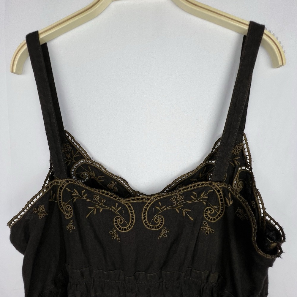 J.CREW Brown 100% Linen Embroidered Slip Dress Women 16 Boho Peasant Pockets - Picture 9 of 14